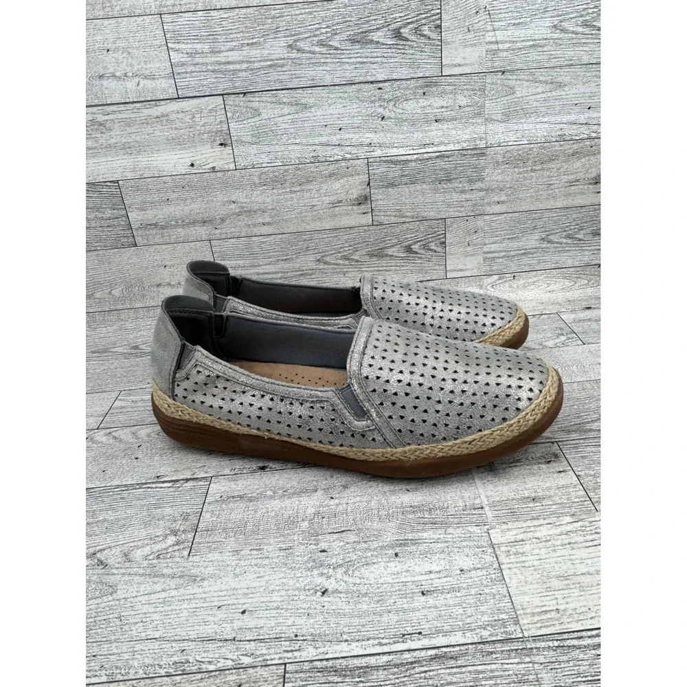 Clarks Collection Silver Metallic Perforated Espadrille Slip On Shoes Women 6.5M